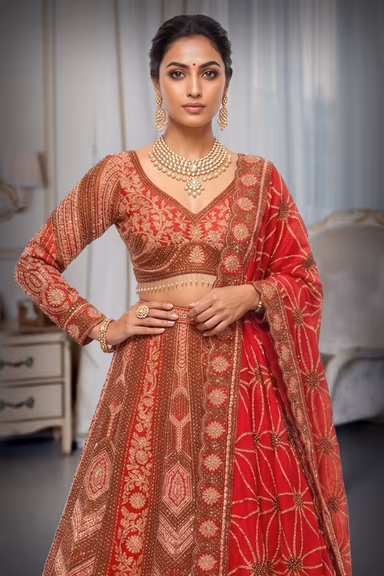 Royal Scarlet Silk Lehenga Set with Geometric Zardosi & Floral Artistry — view 1 of 2