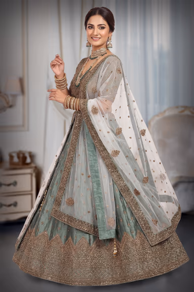 Sage Green Velvet Lehenga With Golden Geometric Embroidered Net Design — view 3 of 3