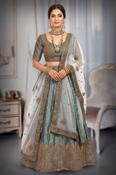 Sage Green Velvet Lehenga With Golden Geometric Embroidered Net Design — view 2 of 3
