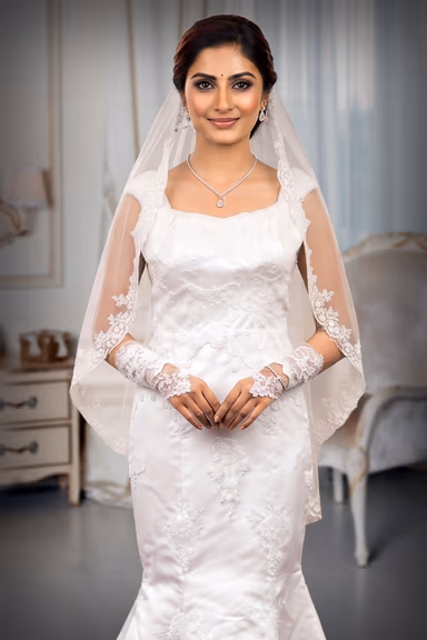 Satin Fish-Cut Christian Wedding Gown with Intricate Cutwork and Sugar Beads — view 1 of 3