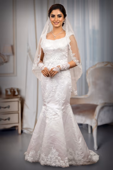 Satin Fish-Cut Christian Wedding Gown with Intricate Cutwork and Sugar Beads — view 3 of 3