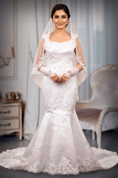 Satin Fish-Cut Christian Wedding Gown with Intricate Cutwork and Sugar Beads — view 2 of 3