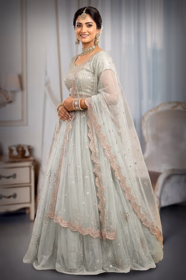 Sea Green Netted Lehenga with Elegant Sequin Work and Cap Sleeves — view 3 of 3