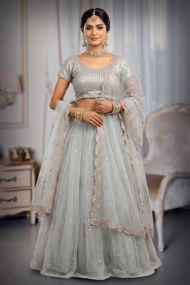 Sea Green Netted Lehenga with Elegant Sequin Work and Cap Sleeves — view 2 of 3