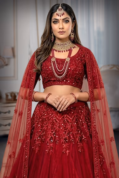 Sheer Net Red Lehenga With heavy surface Embellishment overall Bodice and skirtt — view 1 of 2