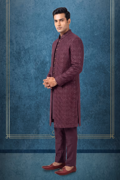 Deep Wine Indowestern Sherwani with Geometric Sequin Pattern — view 3 of 3