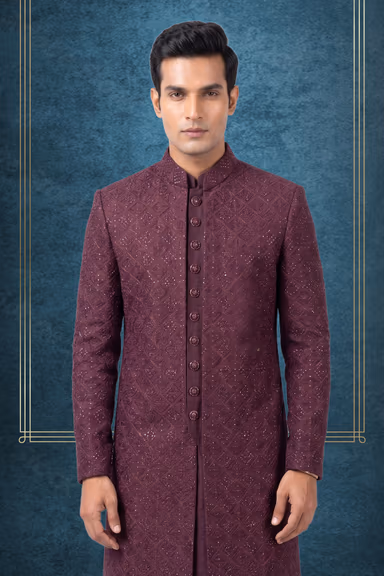 Deep Wine Indowestern Sherwani with Geometric Sequin Pattern — view 2 of 3
