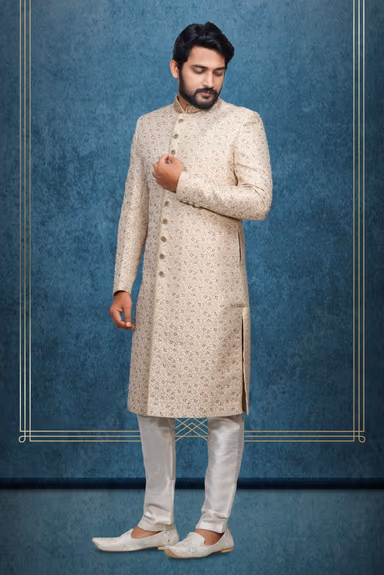 Golden Colour Jaquard Textured Single Sherwani With Minimal Stone Work Embellishment — view 2 of 6