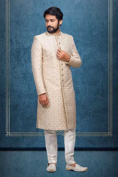 Golden Colour Jaquard Textured Single Sherwani With Minimal Stone Work Embellishment — view 3 of 6