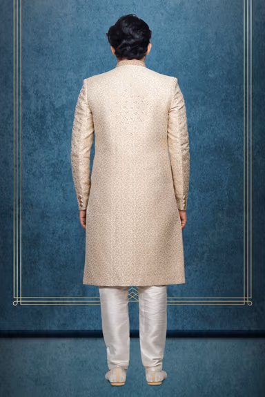 Golden Colour Jaquard Textured Single Sherwani With Minimal Stone Work Embellishment — view 5 of 6