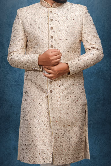Golden Colour Jaquard Textured Single Sherwani With Minimal Stone Work Embellishment — view 4 of 6