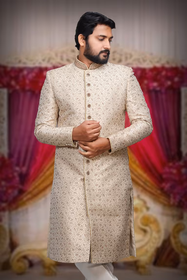 Golden Colour Jaquard Textured Single Sherwani With Minimal Stone Work Embellishment — view 6 of 6