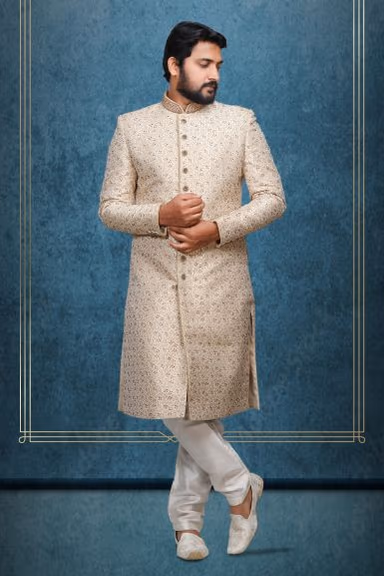 Golden Colour Jaquard Textured Single Sherwani With Minimal Stone Work Embellishment — view 1 of 6