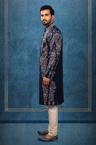 Shine Bright At Any Special Event In This Opulent Navy Blue Sherwani Beautifully Highlighted With Silver… — view 3 of 3