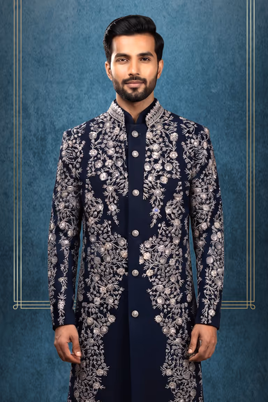Shine Bright At Any Special Event In This Opulent Navy Blue Sherwani Beautifully Highlighted With Silver… — view 2 of 3