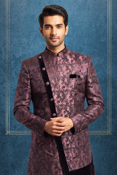 Silky Jacquard Purple And Black Indowestern — view 2 of 2