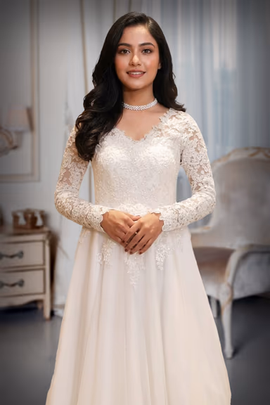 Elaborate White Lace and Tulle Wedding Gown  with lace applique work — view 1 of 2