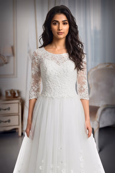 Heavy Handworked White Gown With Heavy Lacework Details On Front And Back Yoke Along With Sleeves — view 1 of 2