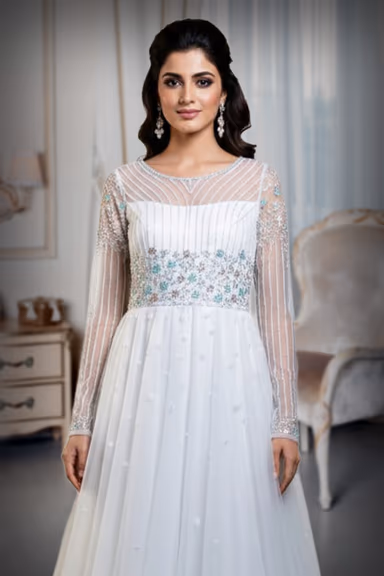 Off White Bridal Gown Featuring Sheer Sleeves And Delicate Floral Embroidery Perfect For A Romantic Wedding — view 1 of 2