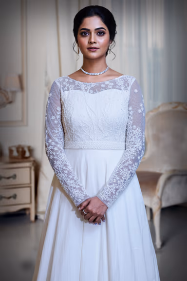 Simple Satin and Lace Full-Sleeve A-Line Wedding Dress — view 1 of 3