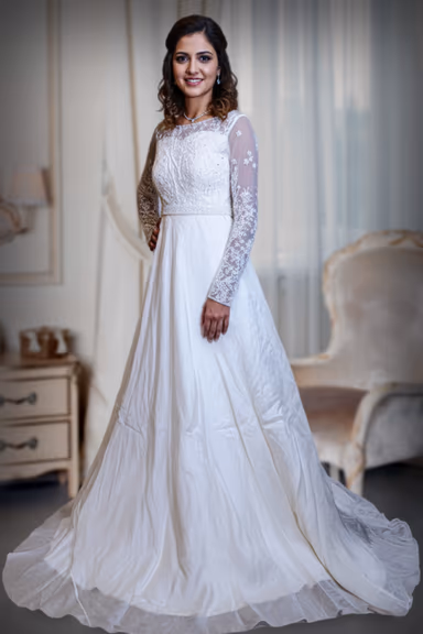 Simple Satin and Lace Full-Sleeve A-Line Wedding Dress — view 3 of 3