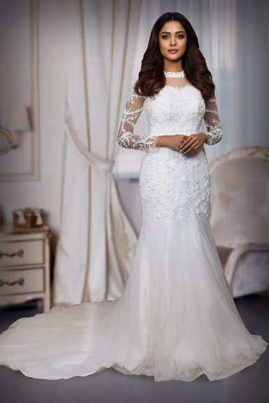 Elegant White Illusion Neckline Mermaid Gown with Floral Lace Appliqués and Tulle Train — view 2 of 2