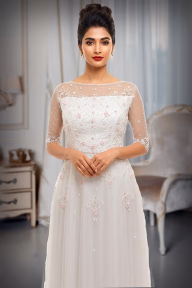 White or Ivory Floral Embroidered Gown with Pearls — view 1 of 2