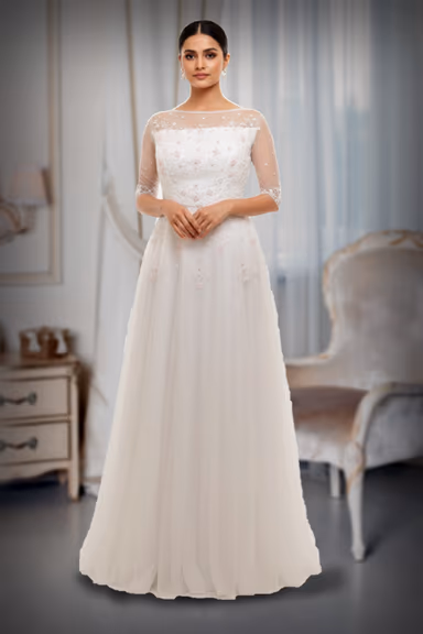 White or Ivory Floral Embroidered Gown with Pearls — view 2 of 2