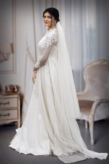 White Lace Worked Christian Bridal Gown With High Neck And Cut Lace Work On Shoulders — view 4 of 4