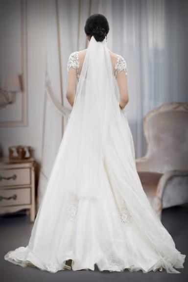 White Lace Worked Christian Bridal Gown With High Neck And Cut Lace Work On Shoulders — view 3 of 4