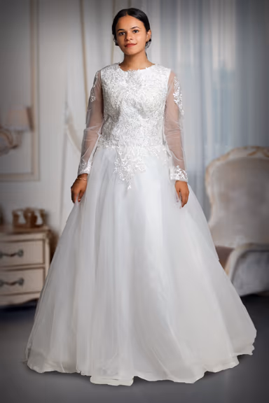 White Bridal Gown With Heavy Lacework Details On Front And Back Yoke Along With Sleeves — view 2 of 4
