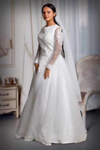 White Bridal Gown With Heavy Lacework Details On Front And Back Yoke Along With Sleeves — view 3 of 4