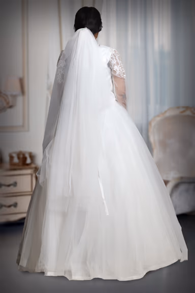 White Bridal Gown With Heavy Lacework Details On Front And Back Yoke Along With Sleeves — view 4 of 4