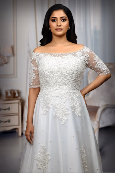 Elegant White Net Gown Adorned with Minimal Silver Stone and Thread Embroidery — view 1 of 3