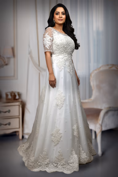 Elegant White Net Gown Adorned with Minimal Silver Stone and Thread Embroidery — view 2 of 3