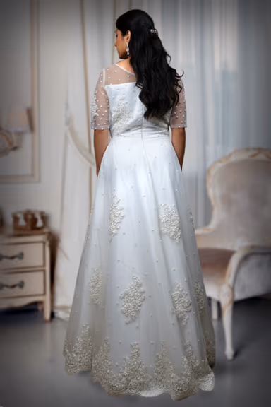 Elegant White Net Gown Adorned with Minimal Silver Stone and Thread Embroidery — view 3 of 3