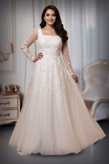 Elegant White Gown with Sheer Sleeves and Intricate Floral Embroidery. — view 2 of 2