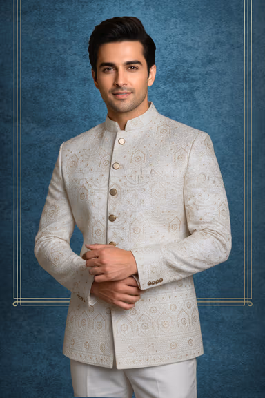 Exquisite Cream Jodhpuri Jacket Featuring Intricate Golden Embroidery And Classic Brass Buttons For A… — view 2 of 2