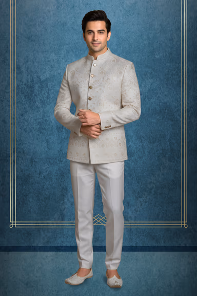 Exquisite Cream Jodhpuri Jacket Featuring Intricate Golden Embroidery And Classic Brass Buttons For A… — view 1 of 2