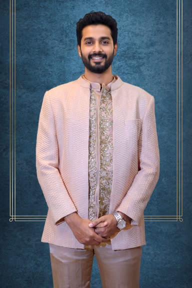 Elegant Peach Textured Jacket with Embroidered Kurta and Straight Pants — view 2 of 2