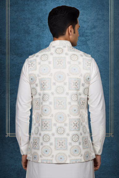 Ivory/Off-white base with Pastel Blue, Peach, and Gold embroidery. — view 2 of 2