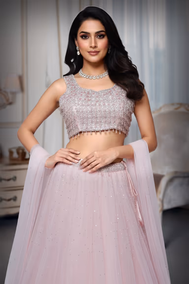 Baby pink lehenga with heavy crystal blouse with random sequence work. — view 1 of 4