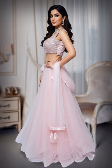 Baby pink lehenga with heavy crystal blouse with random sequence work. — view 3 of 4