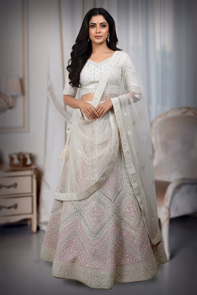 Elegant beige and pink lehenga, blazes with intricate embroidery and shimmering sequins — view 2 of 4