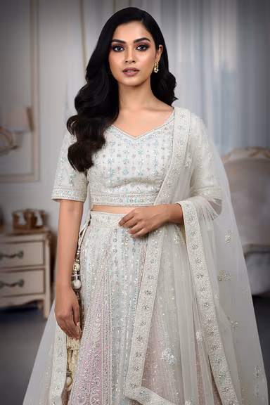 Elegant beige and pink lehenga, blazes with intricate embroidery and shimmering sequins — view 1 of 4
