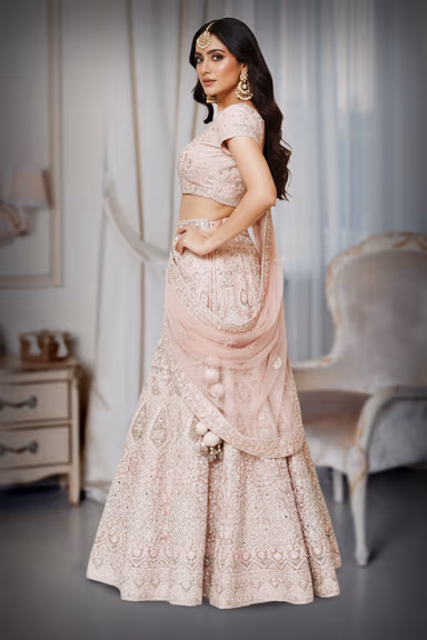 Blush Pink Heavy Embroidered Designer Net Lehenga Choli with Matching Soft Net Dupatta — view 3 of 3