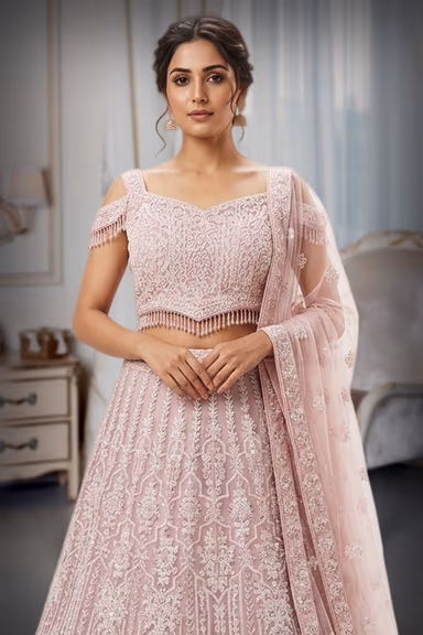 Blush pink heavy embroidered lehenga with elegnat net dupatta — view 1 of 2
