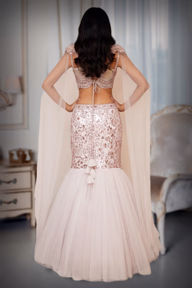 Blush Sequin Mermaid Gown with Cape Sleeves — view 3 of 3