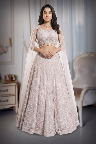 Contemporary Lehenga in blush pink wing sleeves — view 3 of 4