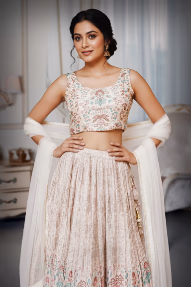 Cream Cotton Printed Lehenga Set with Stylish Contemporary Blouse — view 1 of 4